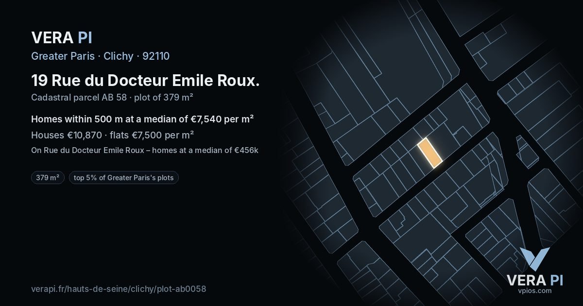 19 Rue du Docteur Emile Roux, Clichy at night – the plot lit, the parcels around coloured by the prices near them