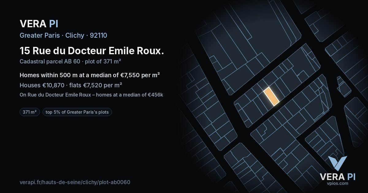 15 Rue du Docteur Emile Roux, Clichy at night – the plot lit, the parcels around coloured by the prices near them