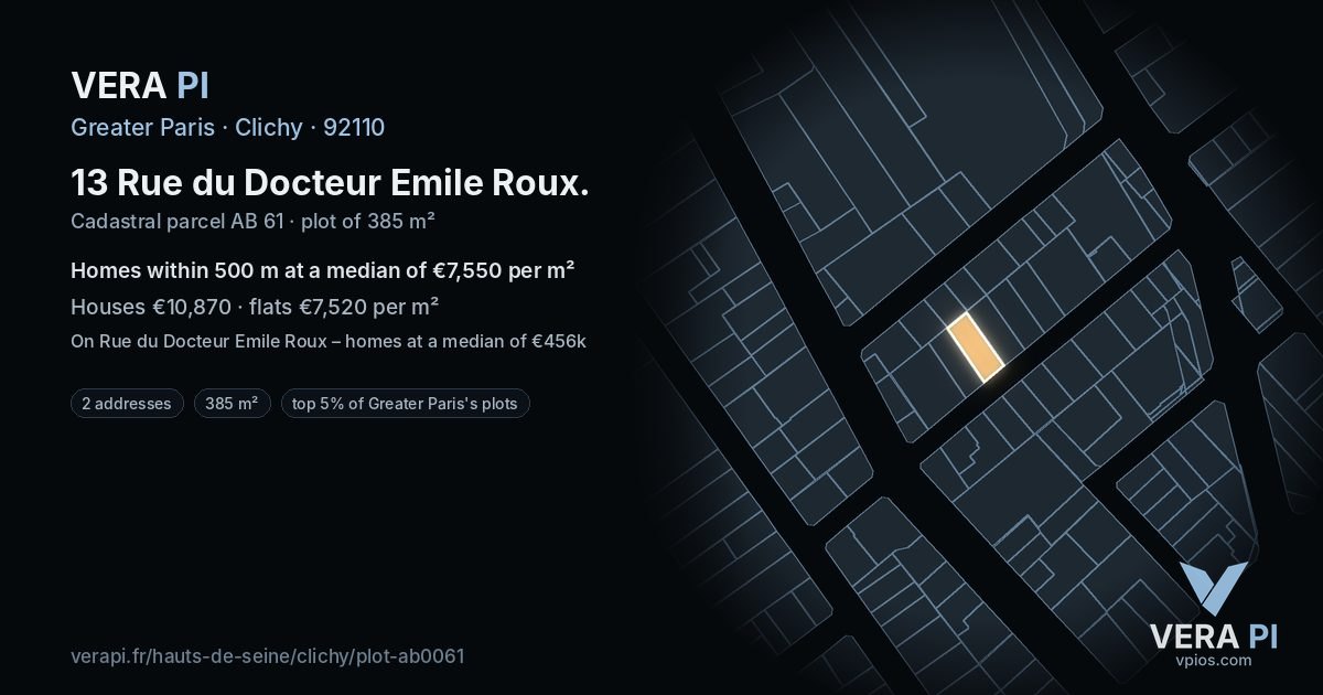 13 Rue du Docteur Emile Roux, Clichy at night – the plot lit, the parcels around coloured by the prices near them