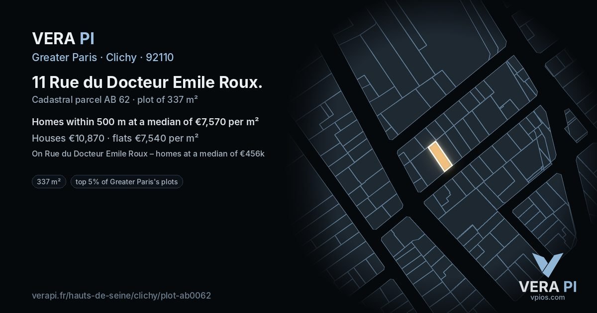11 Rue du Docteur Emile Roux, Clichy at night – the plot lit, the parcels around coloured by the prices near them