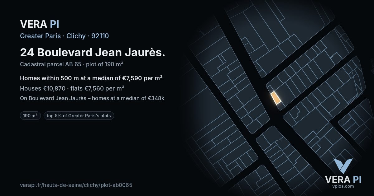 24 Boulevard Jean Jaurès, Clichy at night – the plot lit, the parcels around coloured by the prices near them