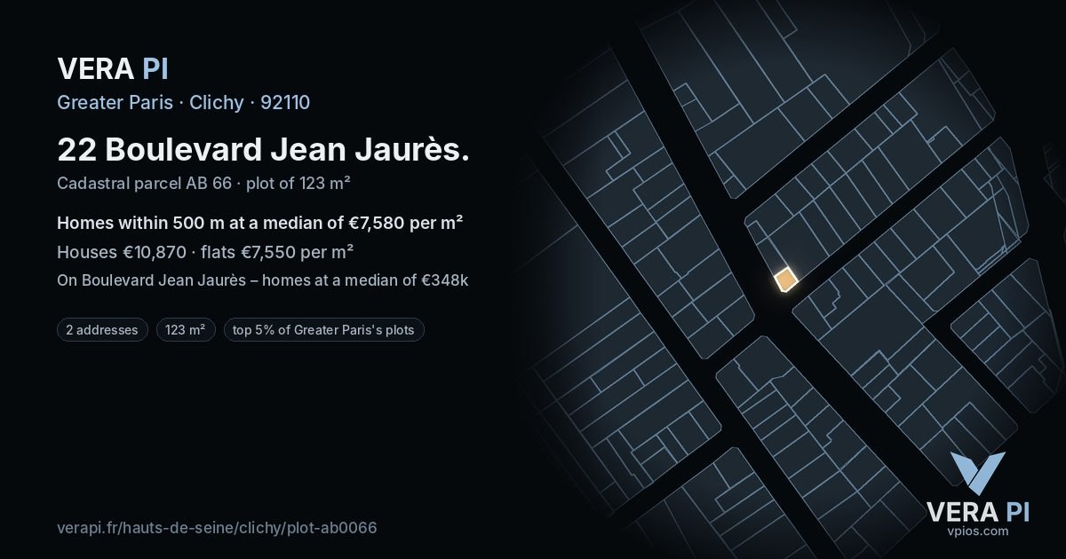 22 Boulevard Jean Jaurès, Clichy at night – the plot lit, the parcels around coloured by the prices near them