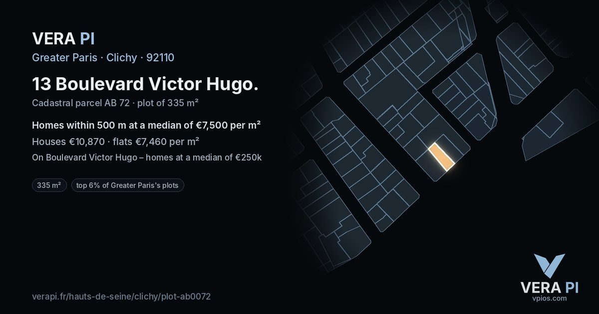 13 Boulevard Victor Hugo, Clichy at night – the plot lit, the parcels around coloured by the prices near them