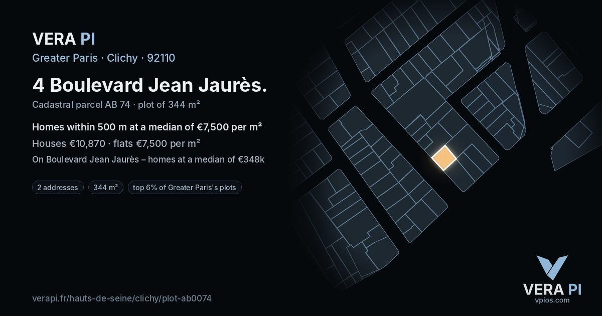 4 Boulevard Jean Jaurès, Clichy at night – the plot lit, the parcels around coloured by the prices near them