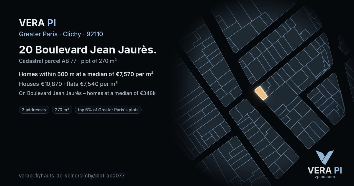 20 Boulevard Jean Jaurès, Clichy at night – the plot lit, the parcels around coloured by the prices near them