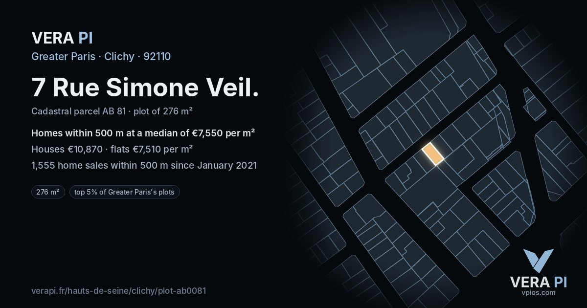 7 Rue Simone Veil, Clichy at night – the plot lit, the parcels around coloured by the prices near them