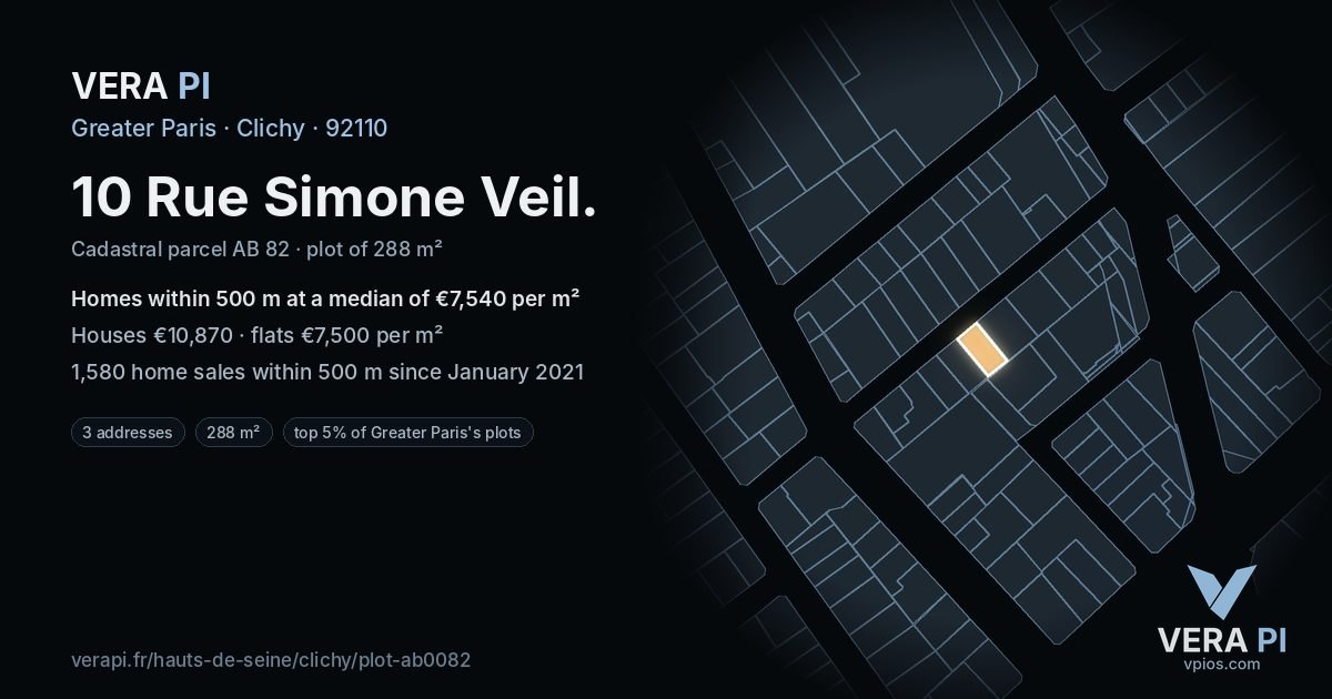 10 Rue Simone Veil, Clichy at night – the plot lit, the parcels around coloured by the prices near them