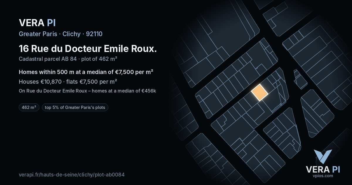 16 Rue du Docteur Emile Roux, Clichy at night – the plot lit, the parcels around coloured by the prices near them
