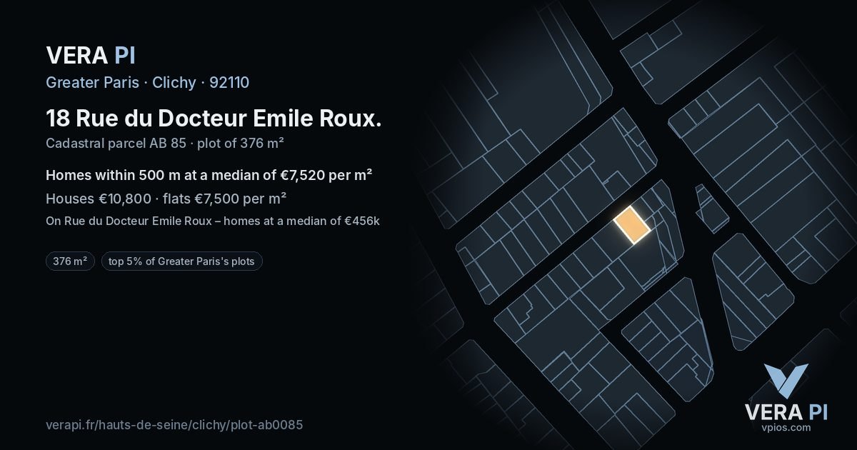 18 Rue du Docteur Emile Roux, Clichy at night – the plot lit, the parcels around coloured by the prices near them