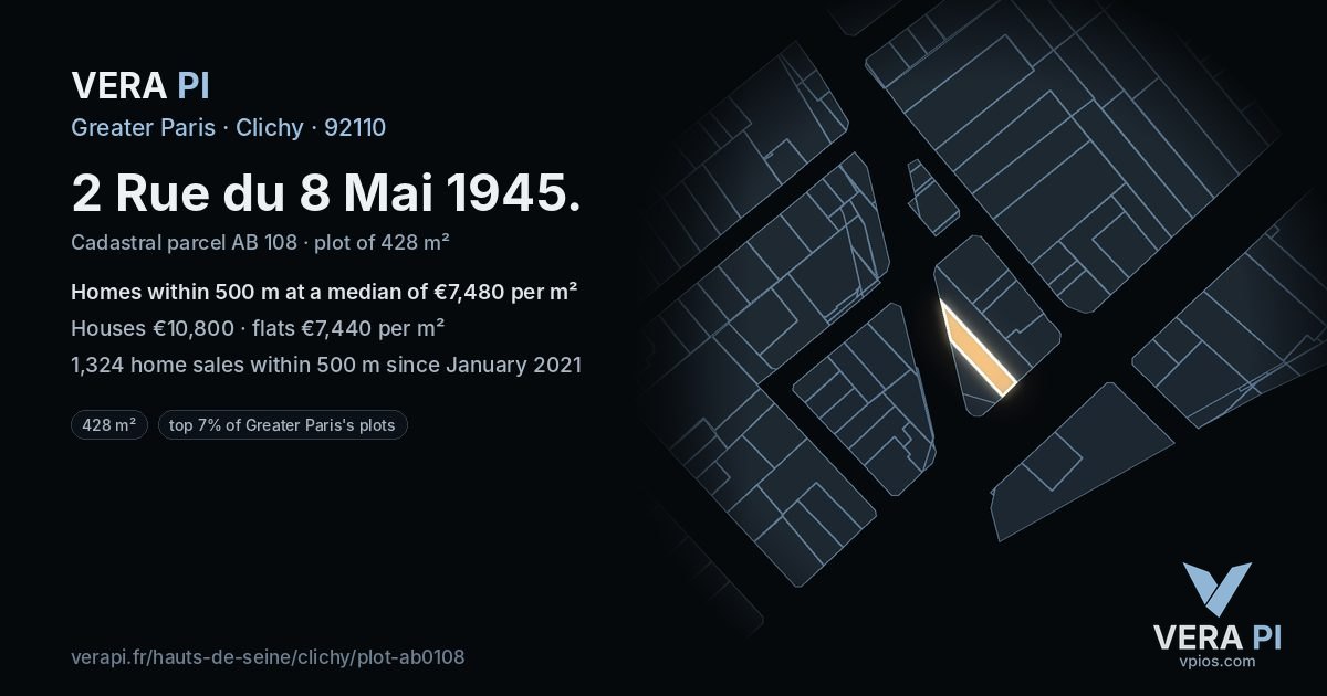 2 Rue du 8 Mai 1945, Clichy at night – the plot lit, the parcels around coloured by the prices near them