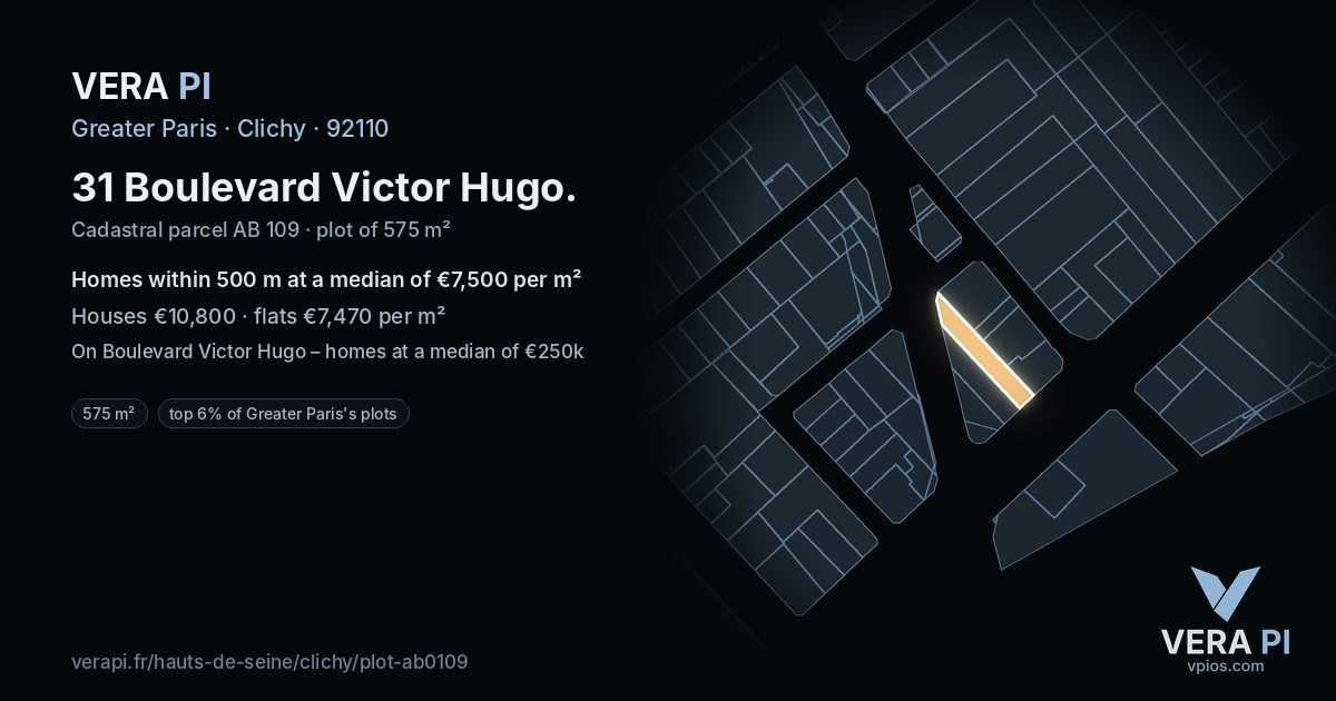 31 Boulevard Victor Hugo, Clichy at night – the plot lit, the parcels around coloured by the prices near them