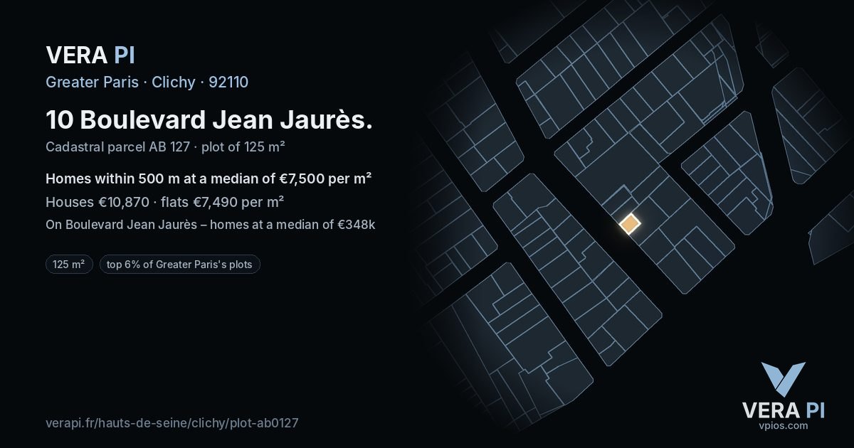 10 Boulevard Jean Jaurès, Clichy at night – the plot lit, the parcels around coloured by the prices near them