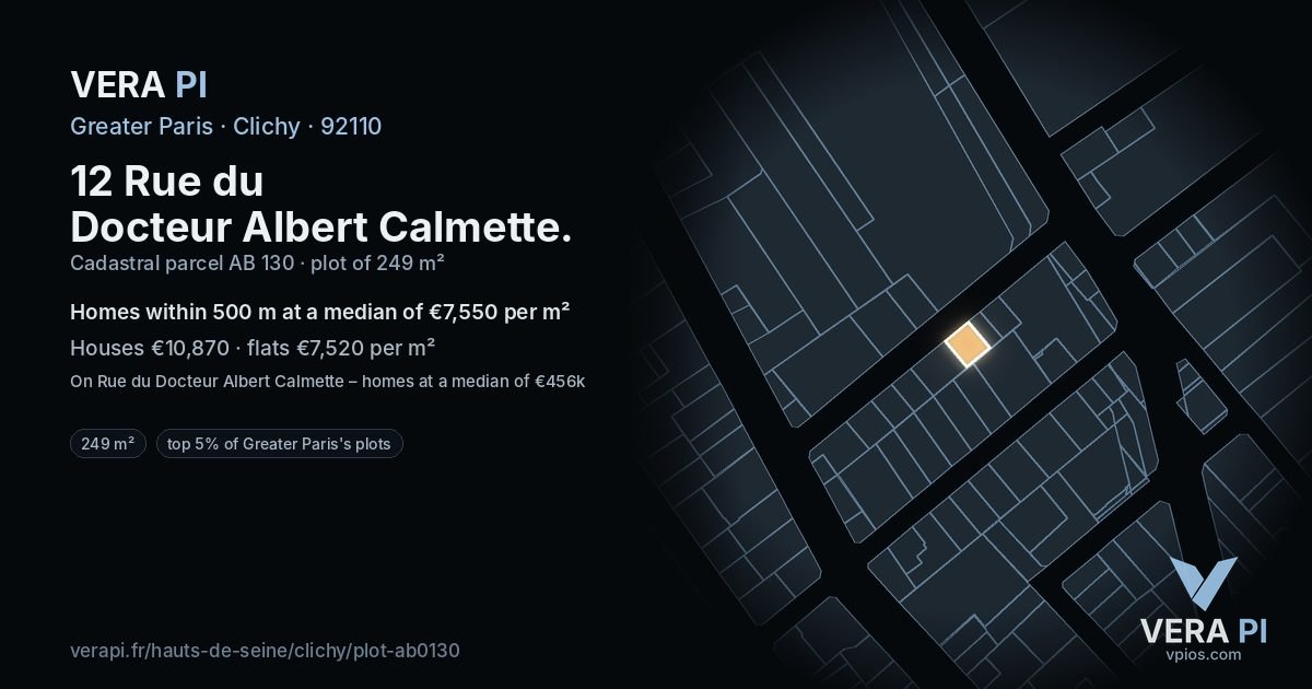 12 Rue du Docteur Albert Calmette, Clichy at night – the plot lit, the parcels around coloured by the prices near them