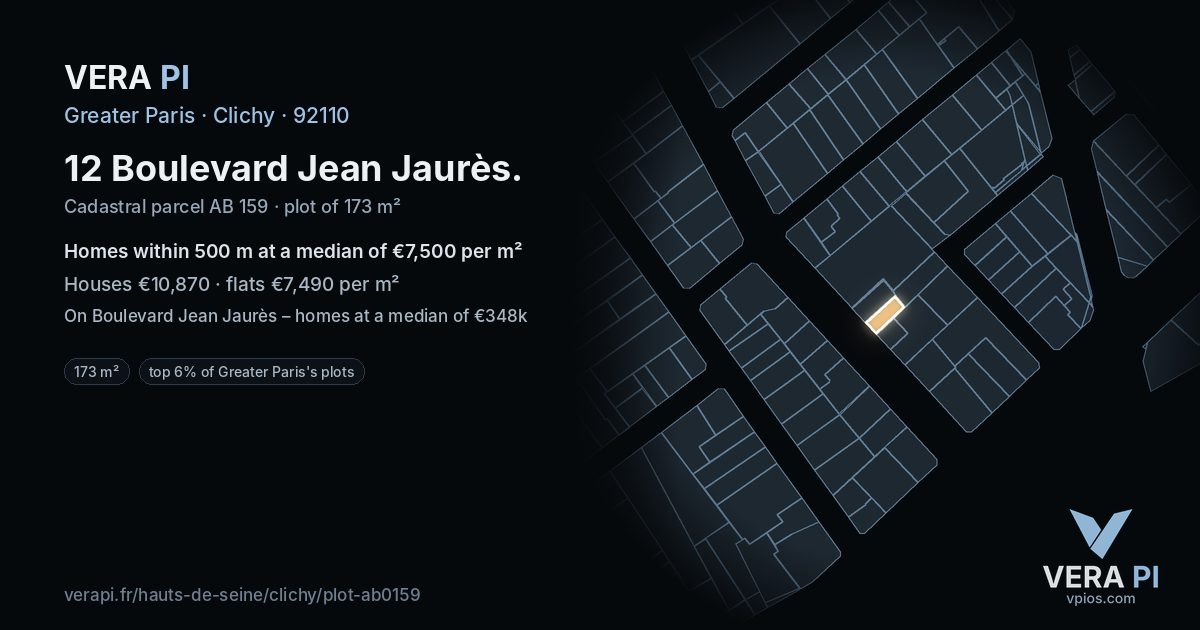 12 Boulevard Jean Jaurès, Clichy at night – the plot lit, the parcels around coloured by the prices near them
