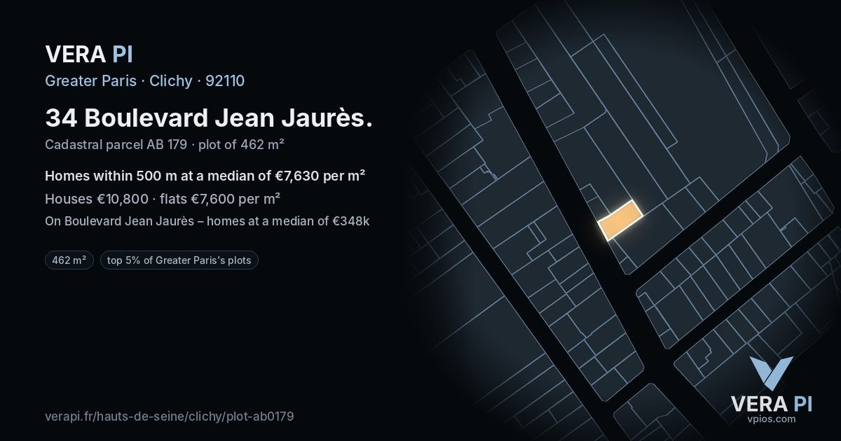 34 Boulevard Jean Jaurès, Clichy at night – the plot lit, the parcels around coloured by the prices near them