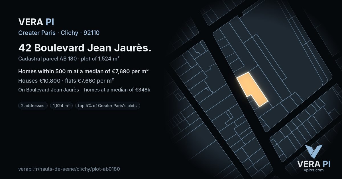 42 Boulevard Jean Jaurès, Clichy at night – the plot lit, the parcels around coloured by the prices near them