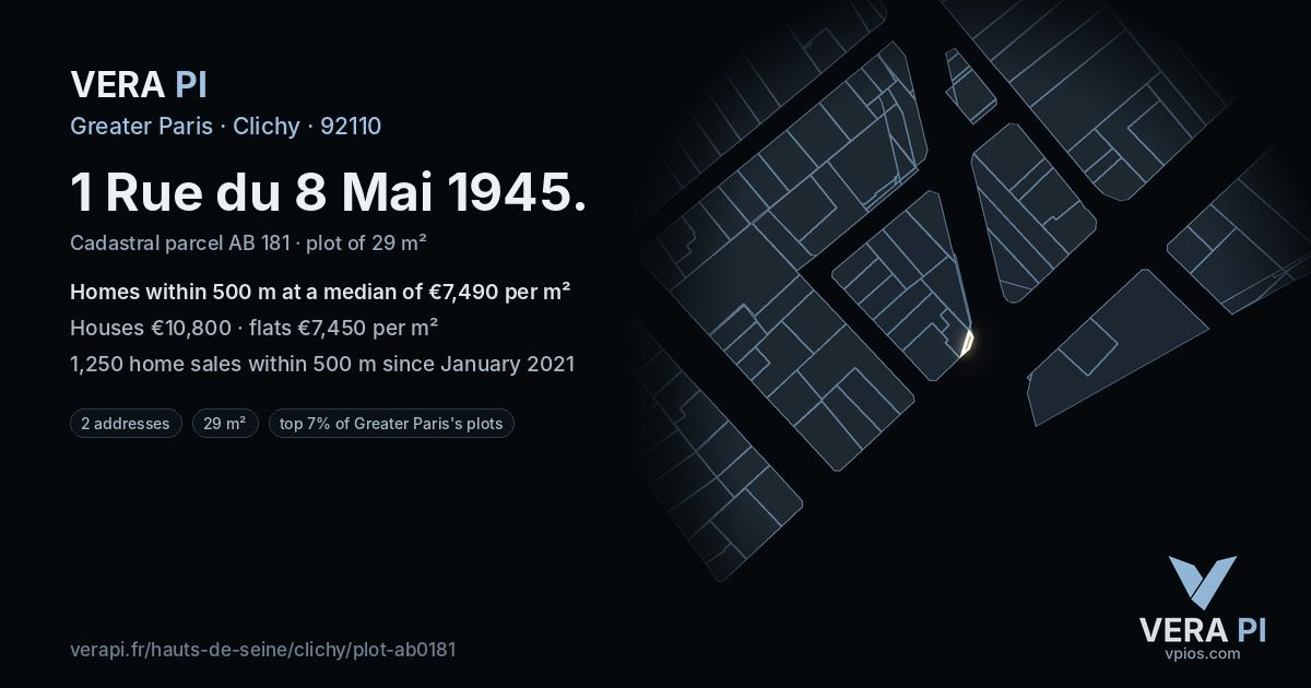 1 Rue du 8 Mai 1945, Clichy at night – the plot lit, the parcels around coloured by the prices near them