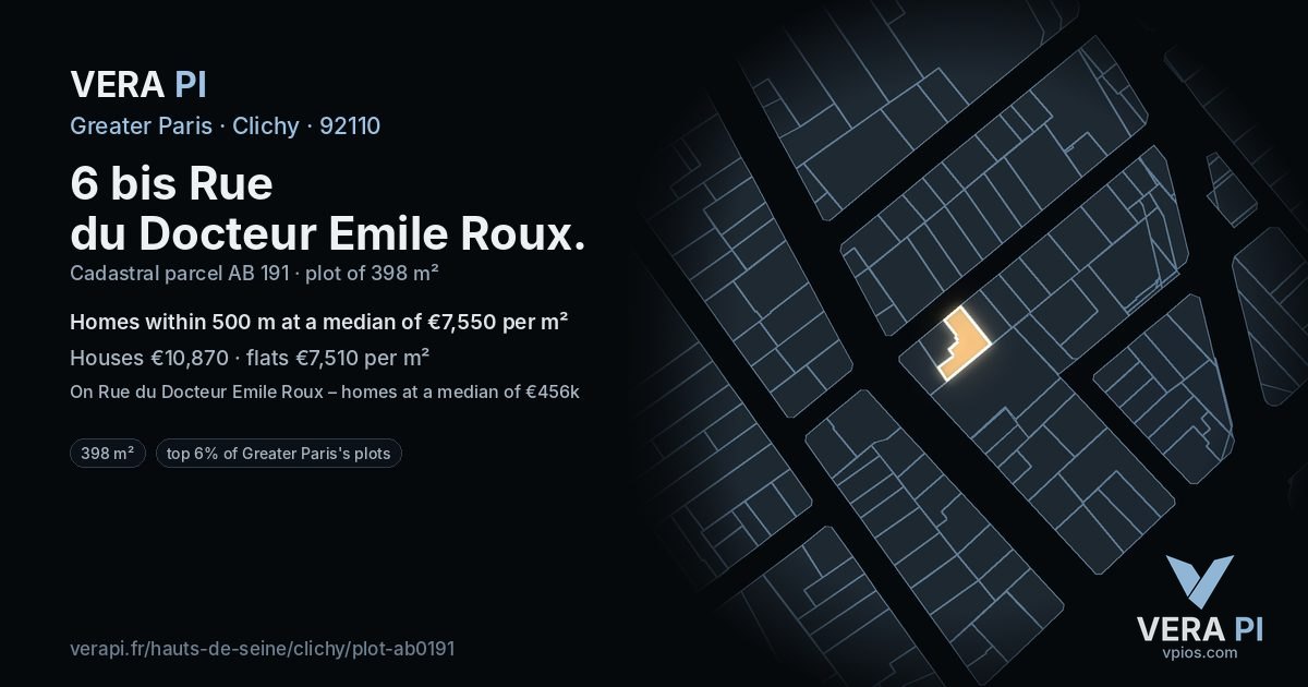 6 bis Rue du Docteur Emile Roux, Clichy at night – the plot lit, the parcels around coloured by the prices near them