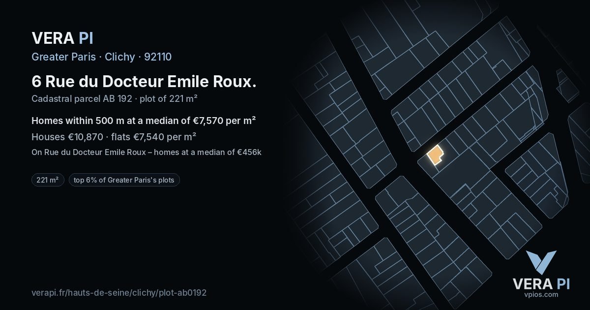 6 Rue du Docteur Emile Roux, Clichy at night – the plot lit, the parcels around coloured by the prices near them
