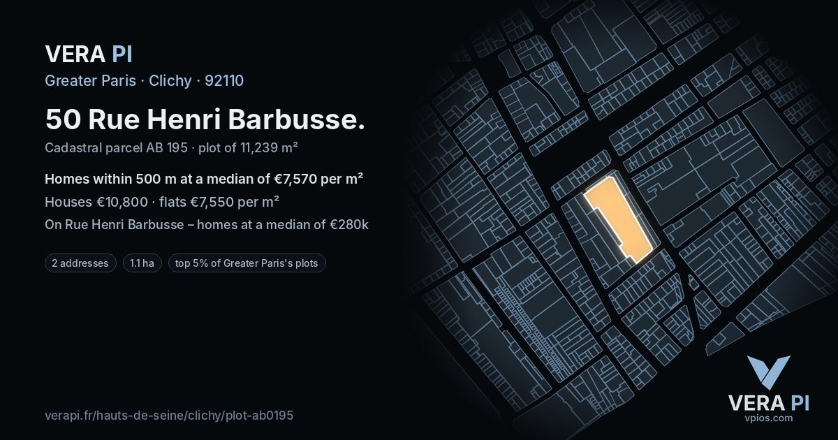 50 Rue Henri Barbusse, Clichy at night – the plot lit, the parcels around coloured by the prices near them