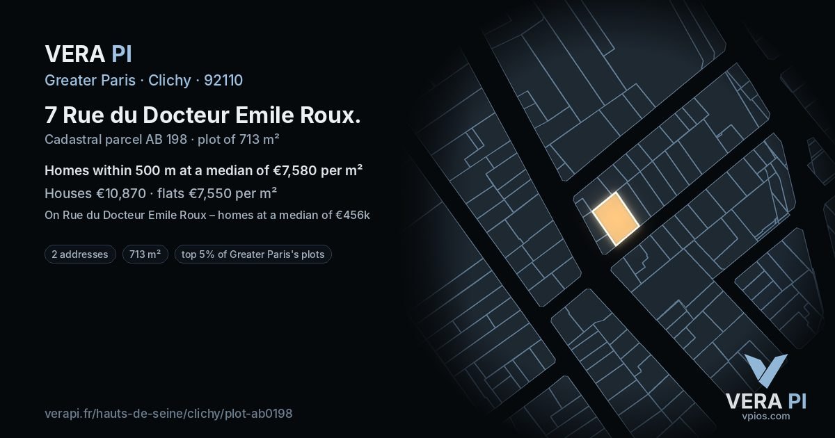 7 Rue du Docteur Emile Roux, Clichy at night – the plot lit, the parcels around coloured by the prices near them