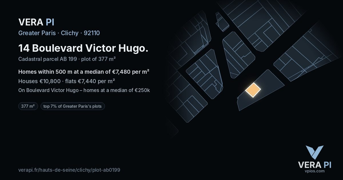 14 Boulevard Victor Hugo, Clichy at night – the plot lit, the parcels around coloured by the prices near them