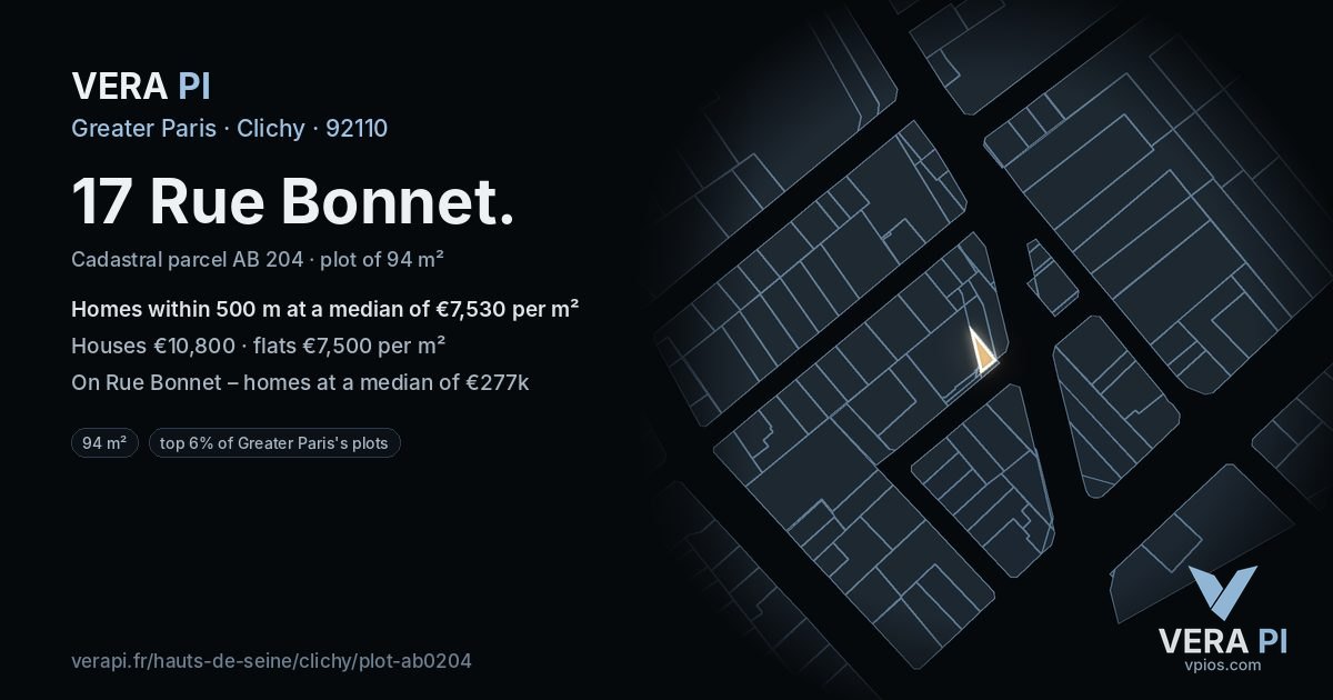 17 Rue Bonnet, Clichy at night – the plot lit, the parcels around coloured by the prices near them