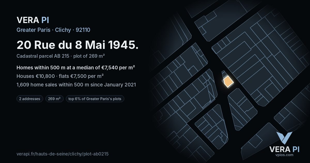 20 Rue du 8 Mai 1945, Clichy at night – the plot lit, the parcels around coloured by the prices near them