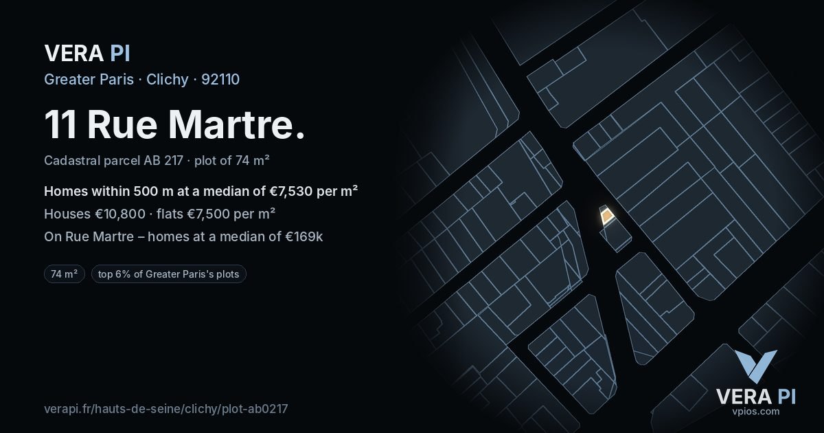 11 Rue Martre, Clichy at night – the plot lit, the parcels around coloured by the prices near them