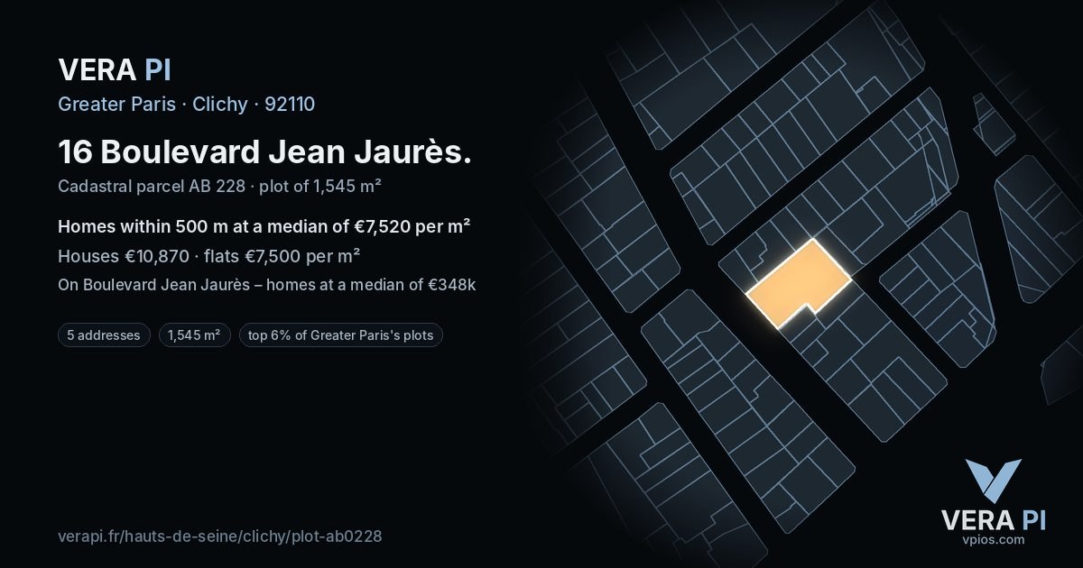 16 Boulevard Jean Jaurès, Clichy at night – the plot lit, the parcels around coloured by the prices near them