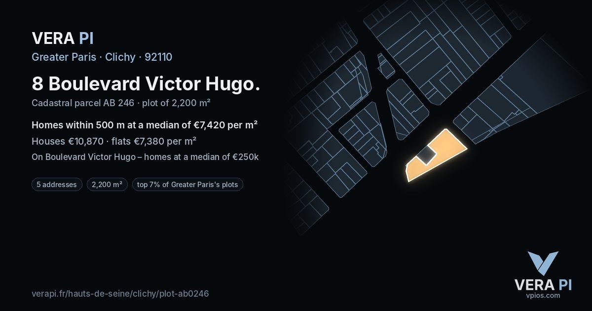8 Boulevard Victor Hugo, Clichy at night – the plot lit, the parcels around coloured by the prices near them