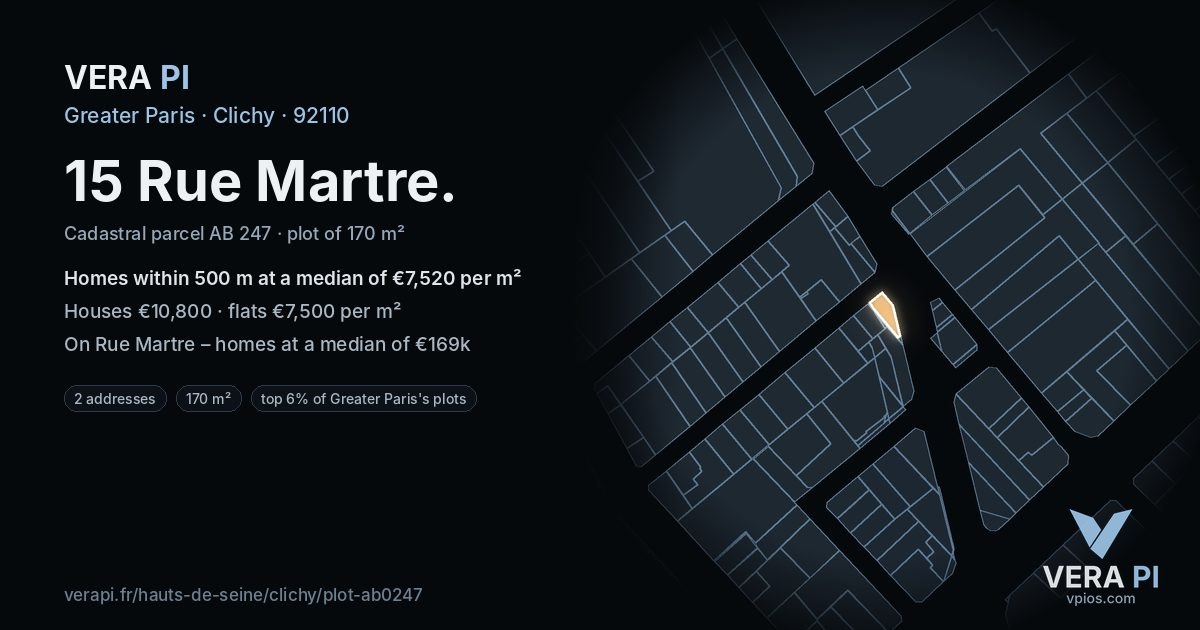 15 Rue Martre, Clichy at night – the plot lit, the parcels around coloured by the prices near them