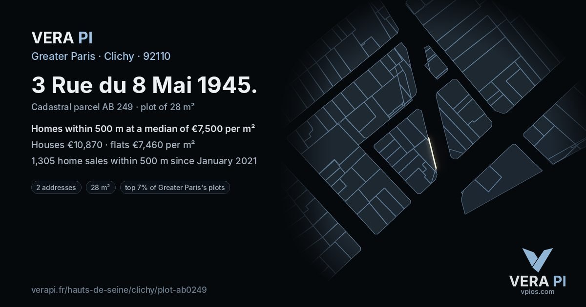 3 Rue du 8 Mai 1945, Clichy at night – the plot lit, the parcels around coloured by the prices near them