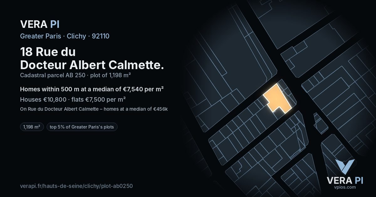 18 Rue du Docteur Albert Calmette, Clichy at night – the plot lit, the parcels around coloured by the prices near them