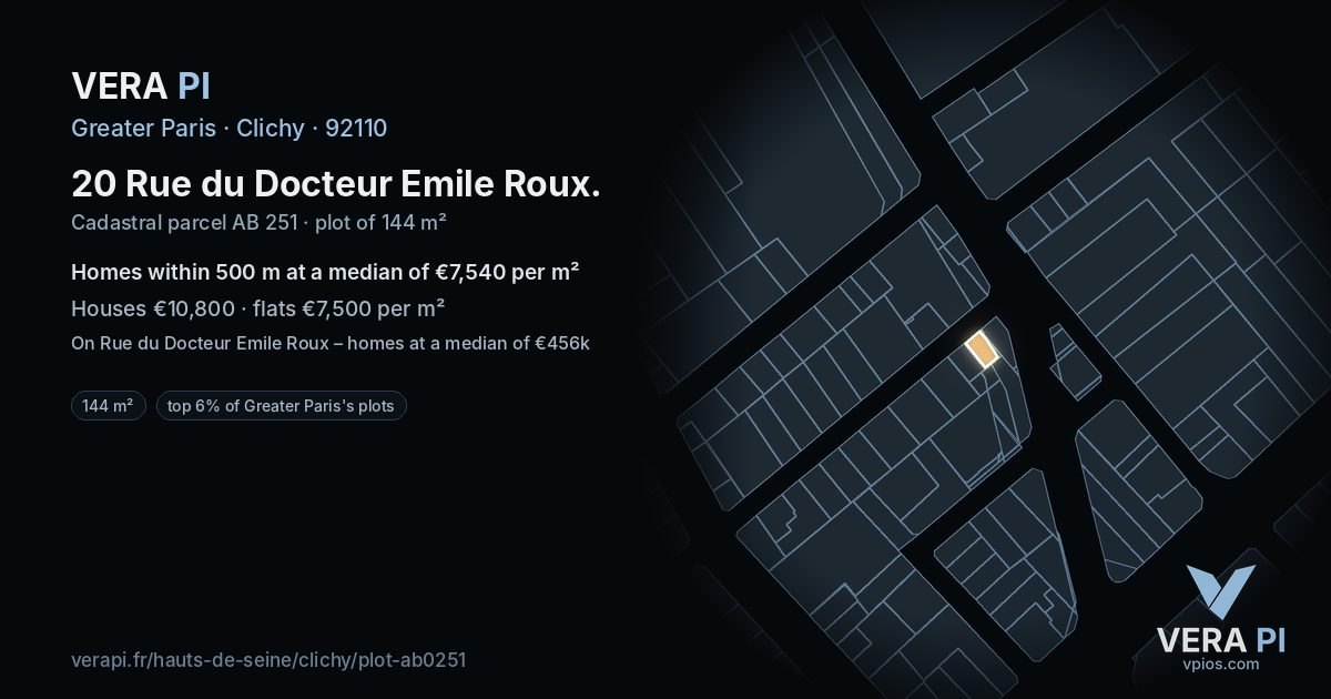 20 Rue du Docteur Emile Roux, Clichy at night – the plot lit, the parcels around coloured by the prices near them