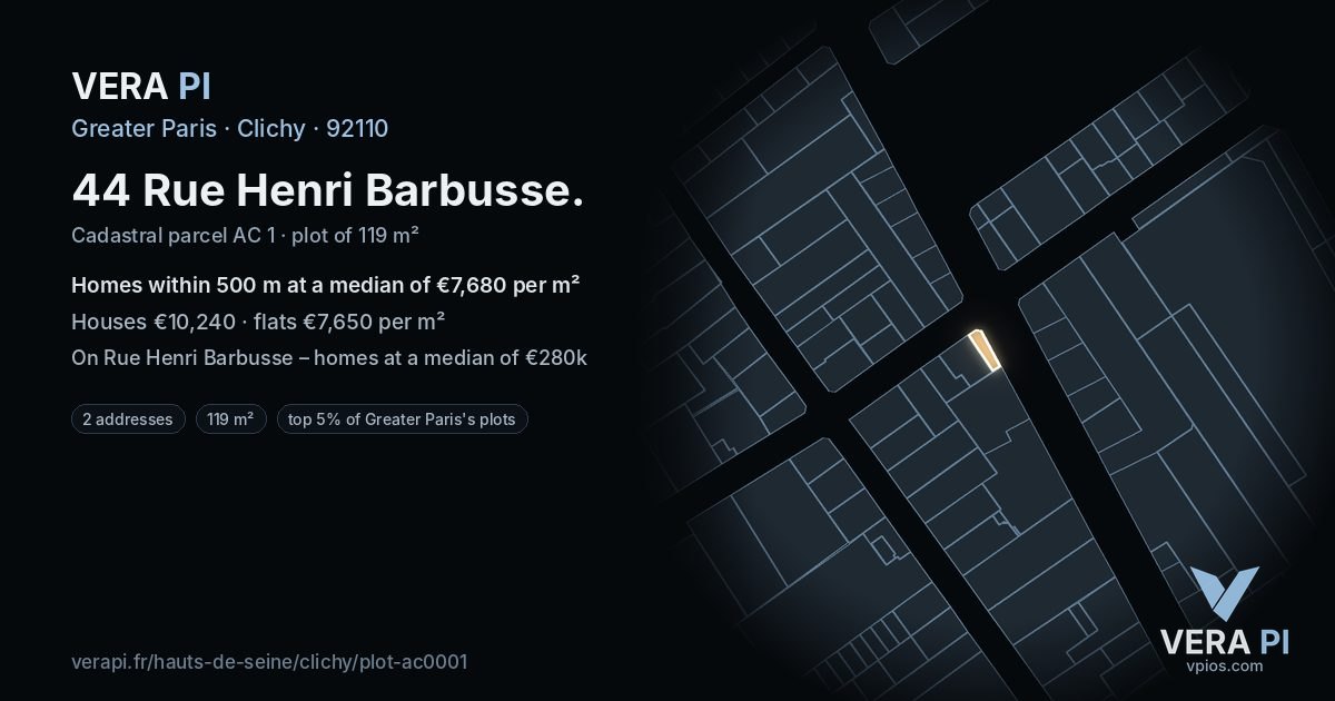 44 Rue Henri Barbusse, Clichy at night – the plot lit, the parcels around coloured by the prices near them