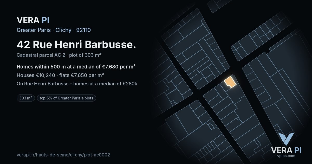 42 Rue Henri Barbusse, Clichy at night – the plot lit, the parcels around coloured by the prices near them