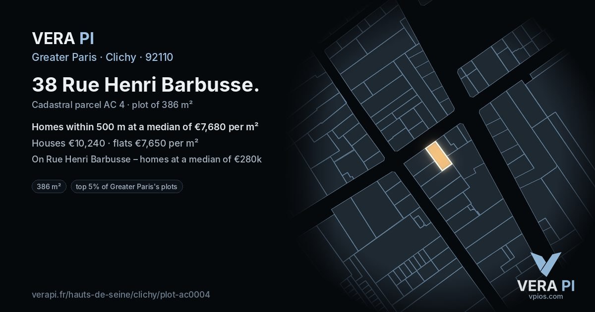 38 Rue Henri Barbusse, Clichy at night – the plot lit, the parcels around coloured by the prices near them
