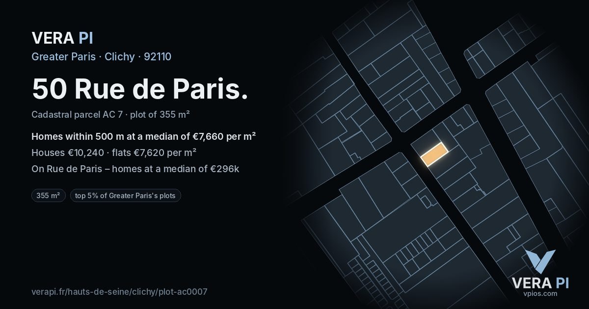 50 Rue de Paris, Clichy at night – the plot lit, the parcels around coloured by the prices near them