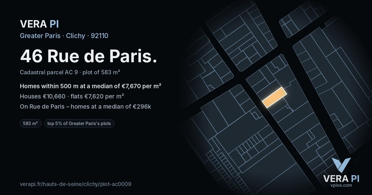 46 Rue de Paris, Clichy at night – the plot lit, the parcels around coloured by the prices near them