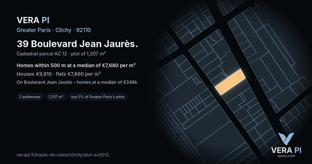 39 Boulevard Jean Jaurès, Clichy at night – the plot lit, the parcels around coloured by the prices near them