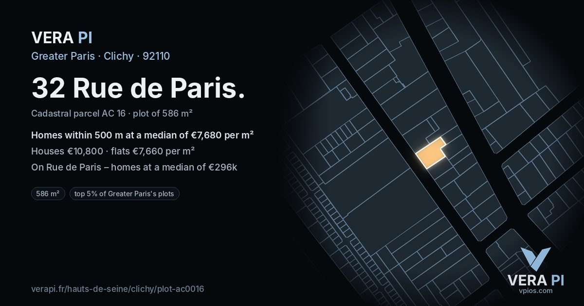 32 Rue de Paris, Clichy at night – the plot lit, the parcels around coloured by the prices near them