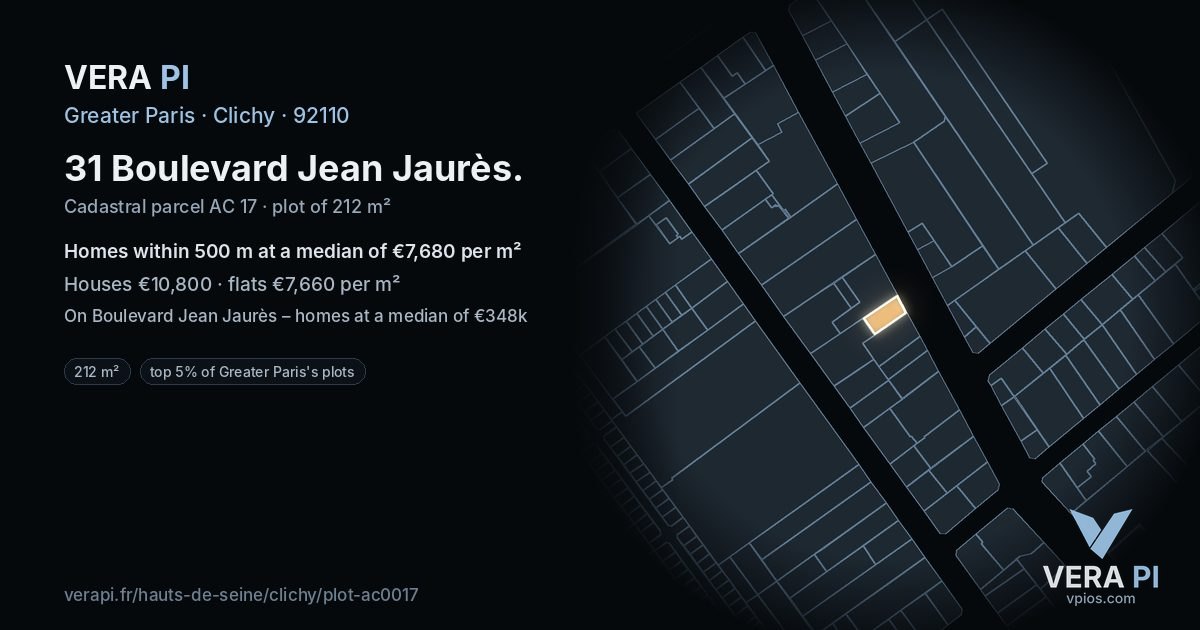 31 Boulevard Jean Jaurès, Clichy at night – the plot lit, the parcels around coloured by the prices near them
