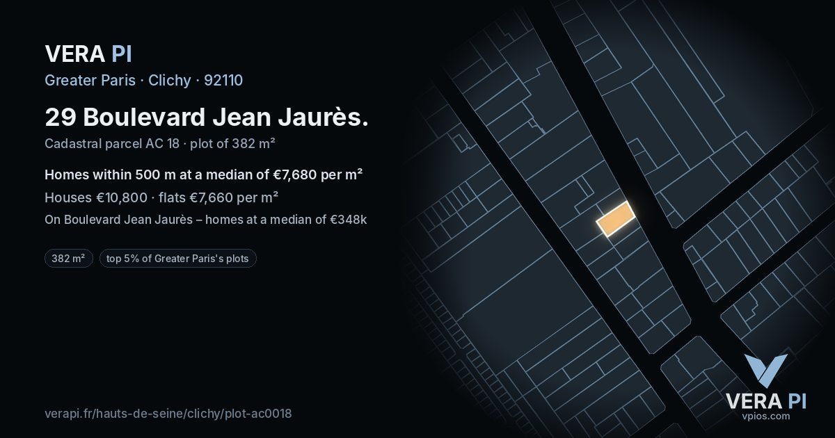 29 Boulevard Jean Jaurès, Clichy at night – the plot lit, the parcels around coloured by the prices near them