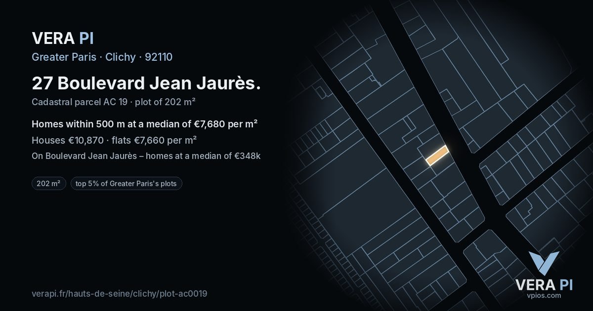 27 Boulevard Jean Jaurès, Clichy at night – the plot lit, the parcels around coloured by the prices near them