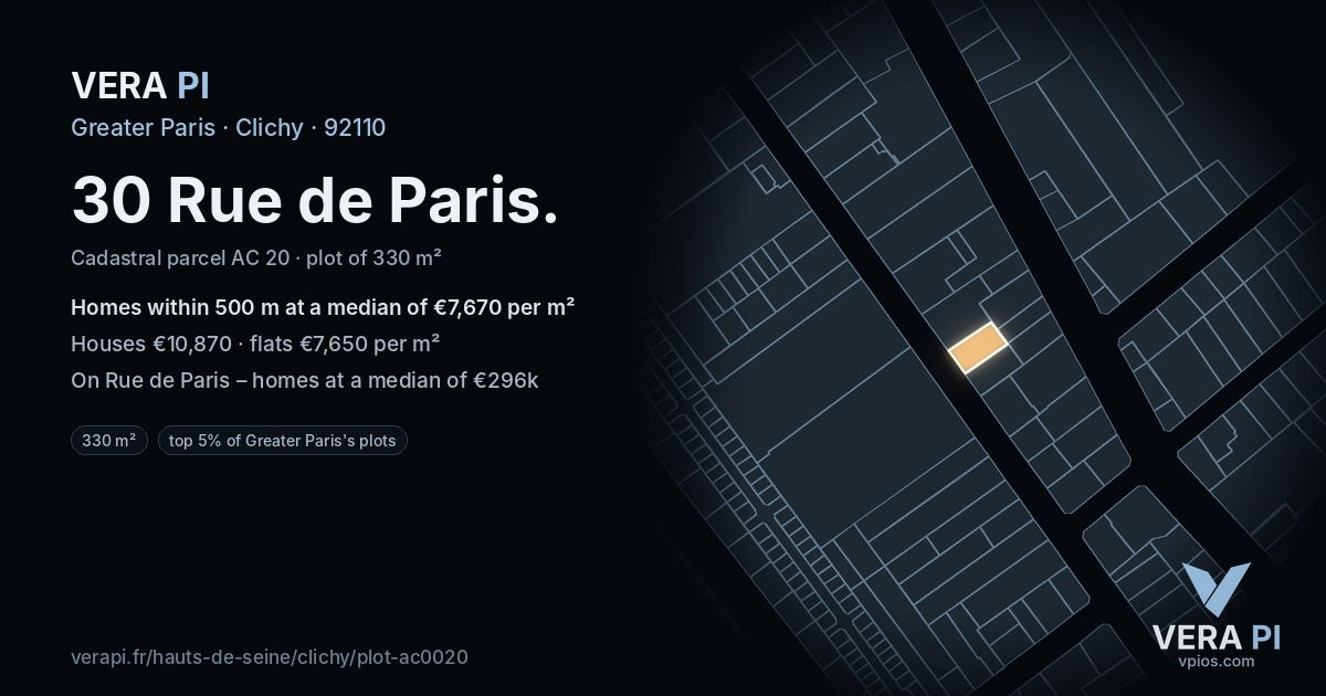30 Rue de Paris, Clichy at night – the plot lit, the parcels around coloured by the prices near them