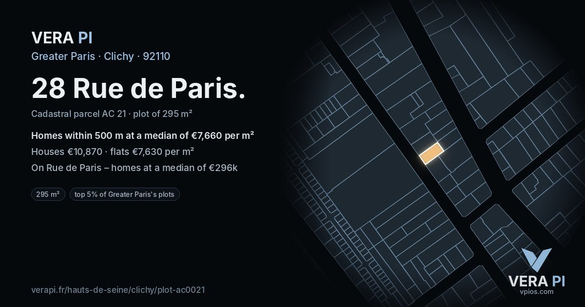 28 Rue de Paris, Clichy at night – the plot lit, the parcels around coloured by the prices near them