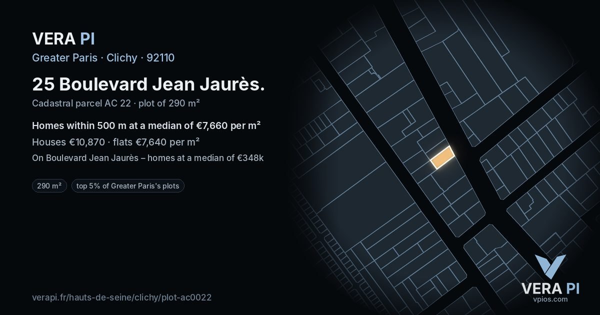 25 Boulevard Jean Jaurès, Clichy at night – the plot lit, the parcels around coloured by the prices near them