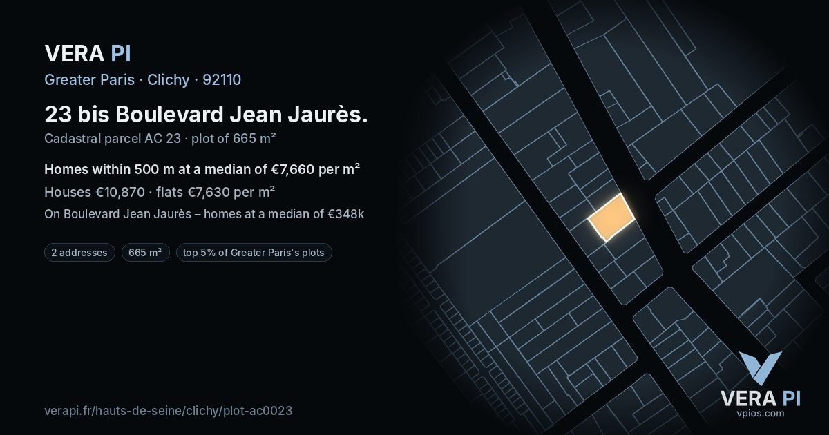 23 bis Boulevard Jean Jaurès, Clichy at night – the plot lit, the parcels around coloured by the prices near them