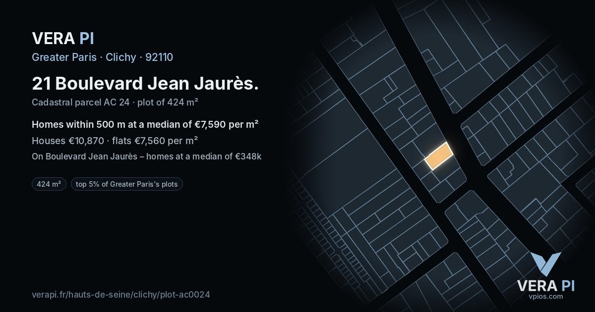 21 Boulevard Jean Jaurès, Clichy at night – the plot lit, the parcels around coloured by the prices near them